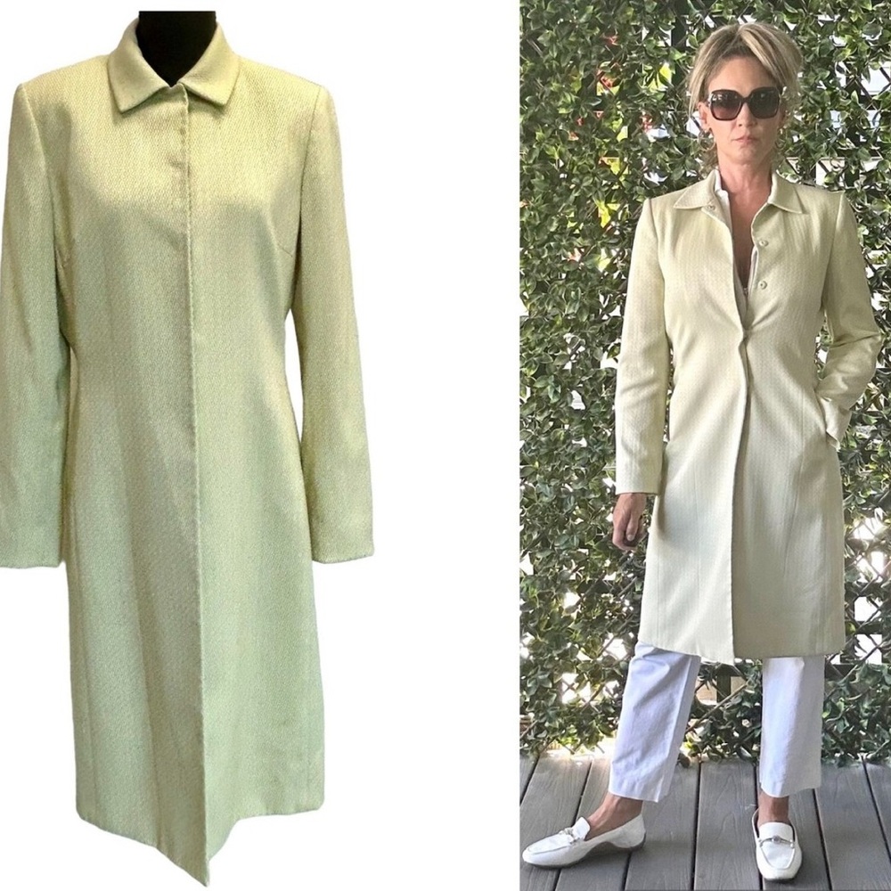 Tahari Trench Coat Womens Cream Argyle Print Single Breasted Snap Size 12 Large